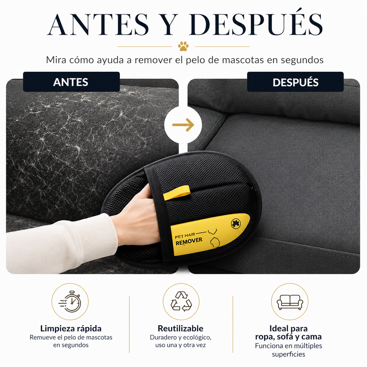 Guante Reutilizable Quitapelos para Mascotas y Hogar