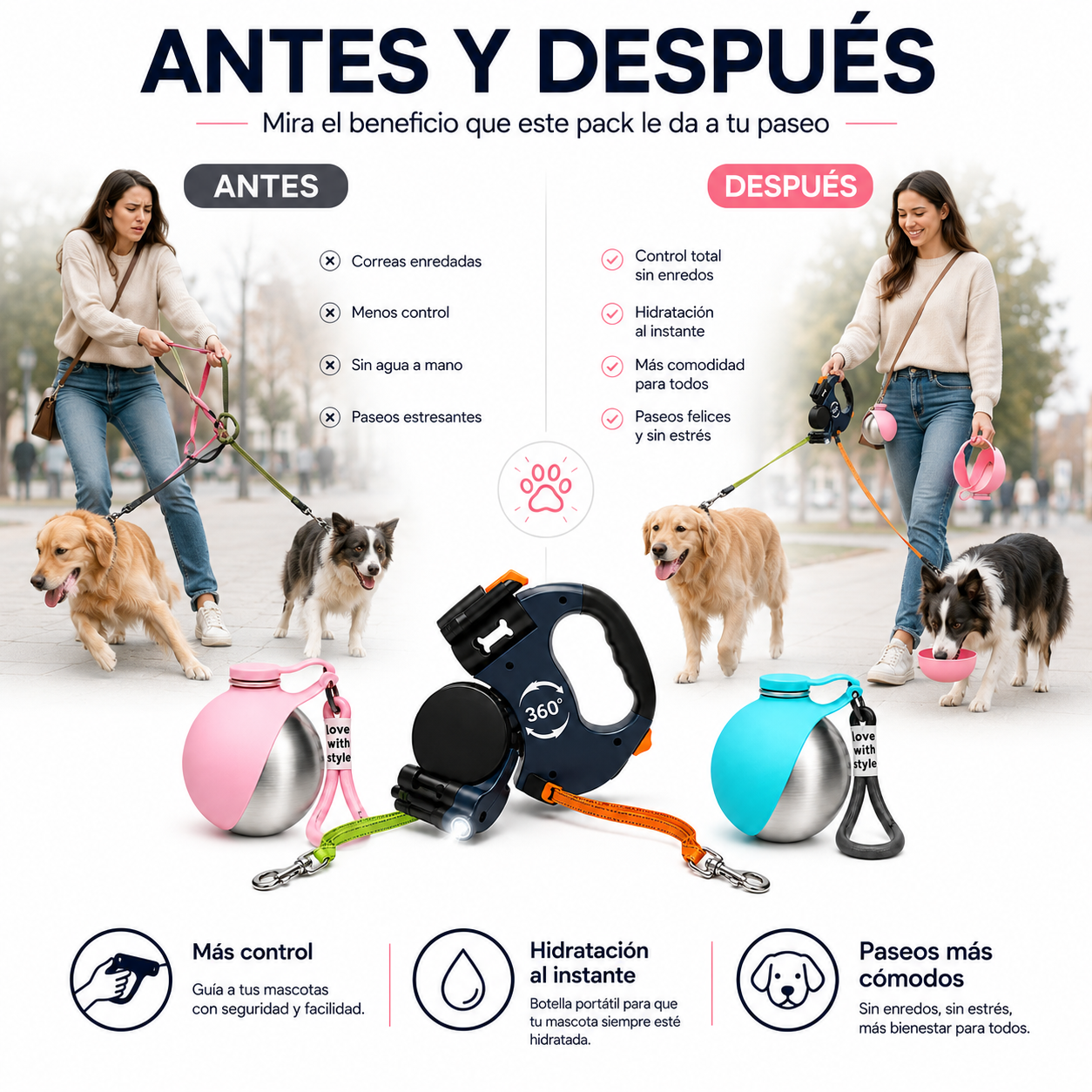 Pack Paseo Completo: Correa Doble 360° + Botella Portátil