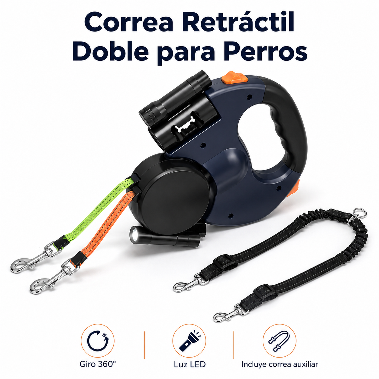 Correa Doble Retráctil 360° con Luz LED y Portabolsas