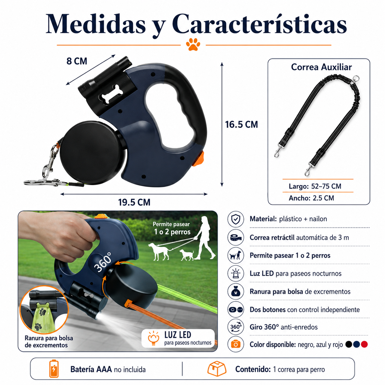 Correa Doble Retráctil 360° con Luz LED y Portabolsas