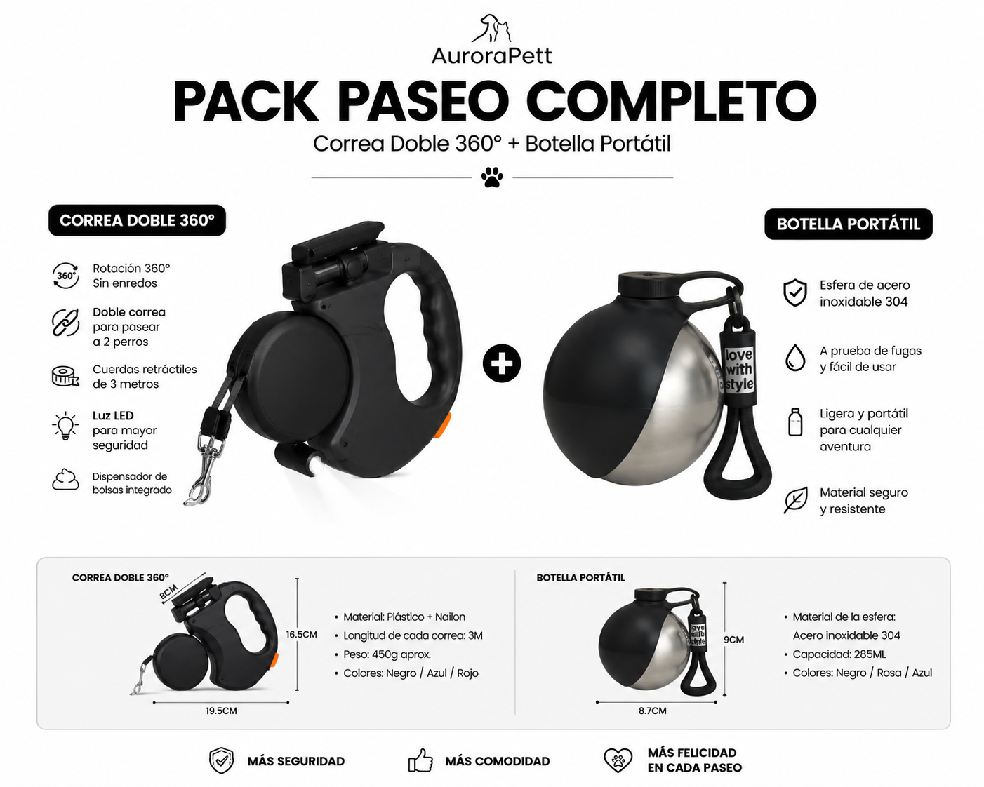 Pack Paseo Completo: Correa Doble 360° + Botella Portátil