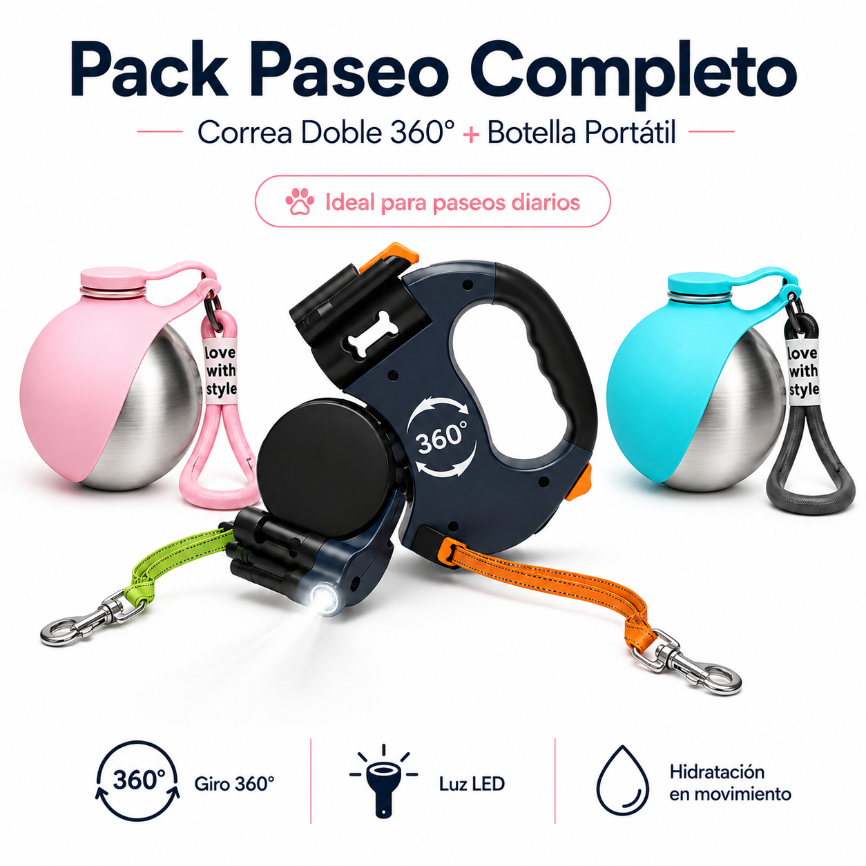 Pack Paseo Completo: Correa Doble 360° + Botella Portátil